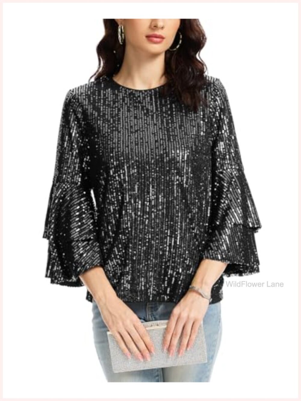 Sequin Tops for Women 3/4 Sleeve Fully Lined Sparkly Blouses